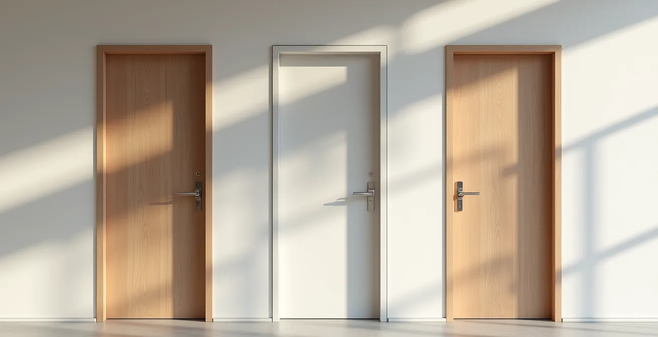 Trois béquilles différentes installées sur leurs portes respectives