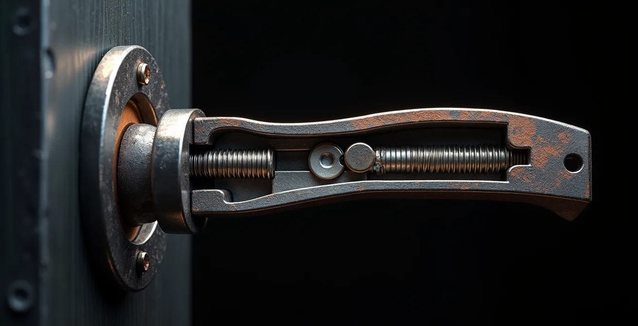 Vue en coupe d'un mécanisme de béquille montrant les points de faiblesse