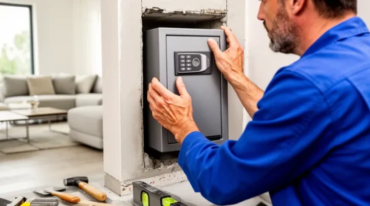 Artisan positionnant un coffre-fort métallique dans une cavité murale