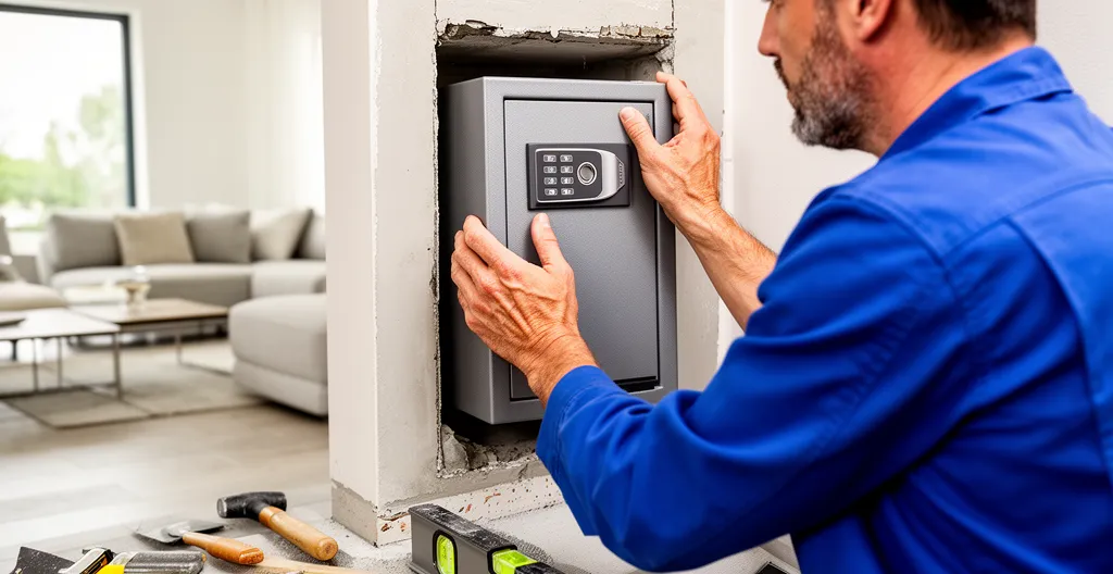 Artisan positionnant un coffre-fort métallique dans une cavité murale
