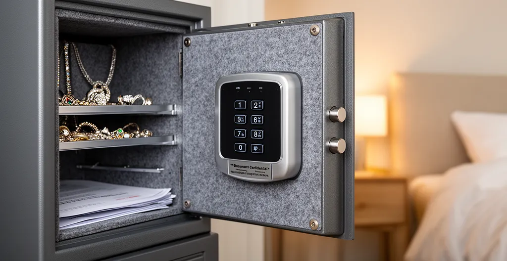 Coffre-fort ouvert montrant serrure électronique à pavé numérique