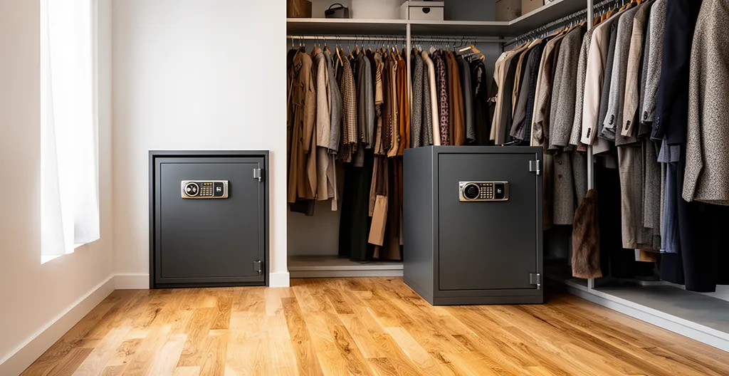 Dressing avec coffre-fort encastré dans le mur et armoire forte au sol