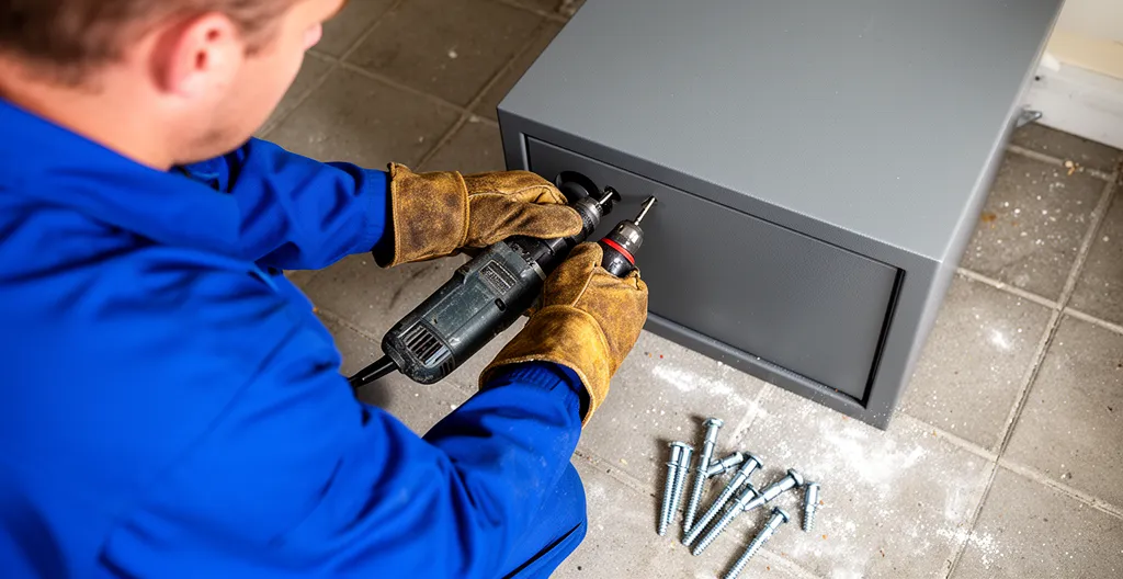 Technicien perçant le sol pour fixer un coffre-fort avec chevilles