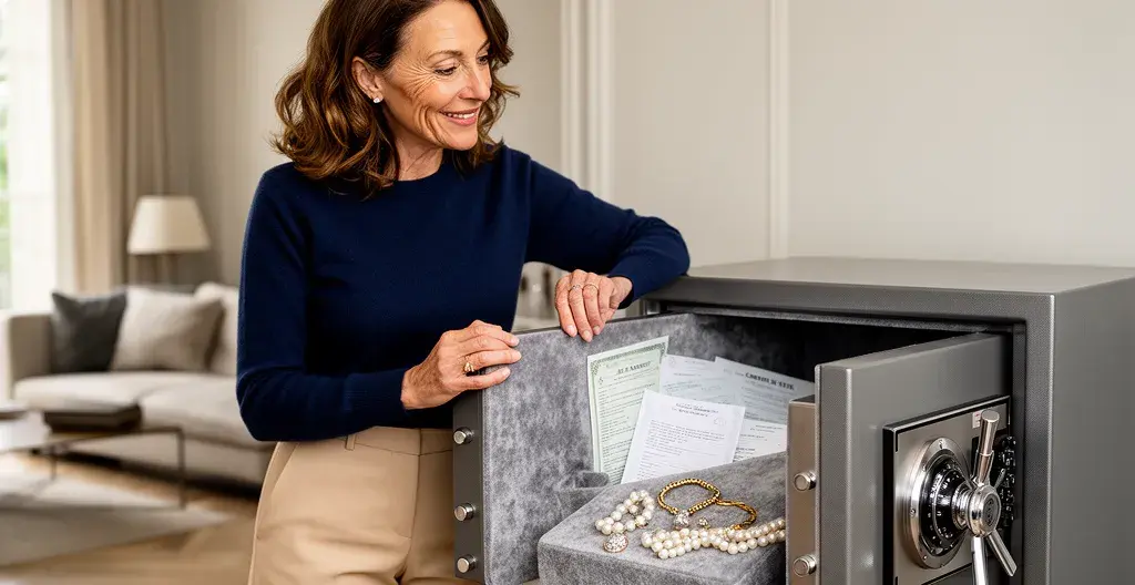 Coffre-fort haute sécurité ouvert dans un salon, propriétaire observant bijoux et documents
