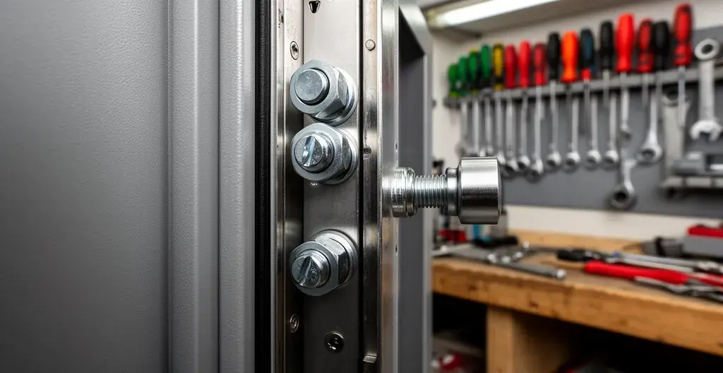 Gros plan sur mécanisme de verrouillage coffre-fort haute sécurité avec pênes acier