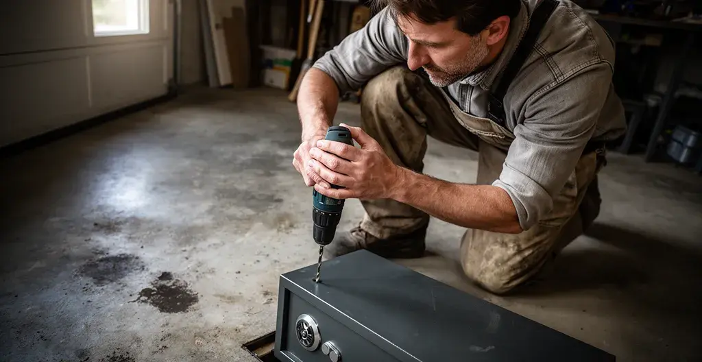 Artisan serrurier fixant un coffre-fort au sol avec perceuse dans un garage résidentiel