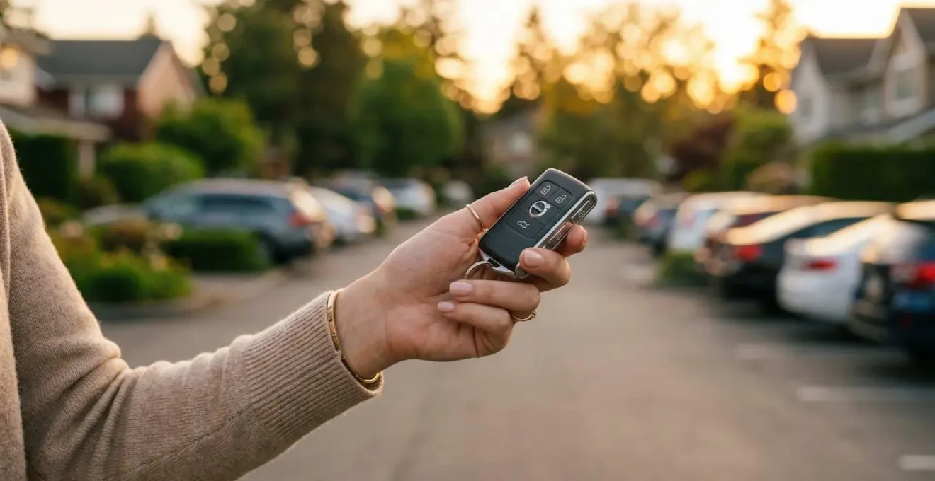 Une main tient une clé de voiture moderne avec télécommande intégrée, arrière-plan flouté d'un parking résidentiel en fin de journée