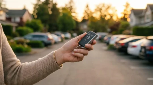 Une main tient une clé de voiture moderne avec télécommande intégrée, arrière-plan flouté d'un parking résidentiel en fin de journée