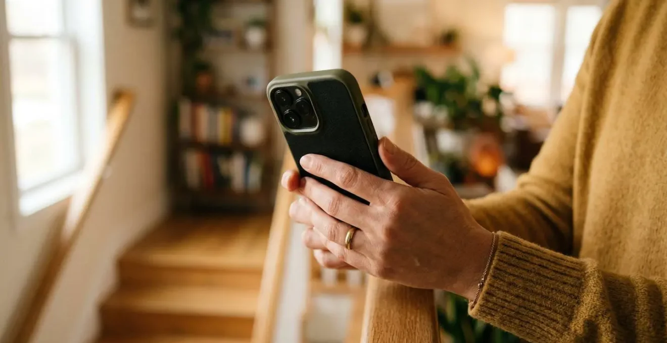 Mains d'une personne tenant un smartphone sur un palier d'immeuble résidentiel, lumière naturelle provenant d'une fenêtre de cage d'escalier