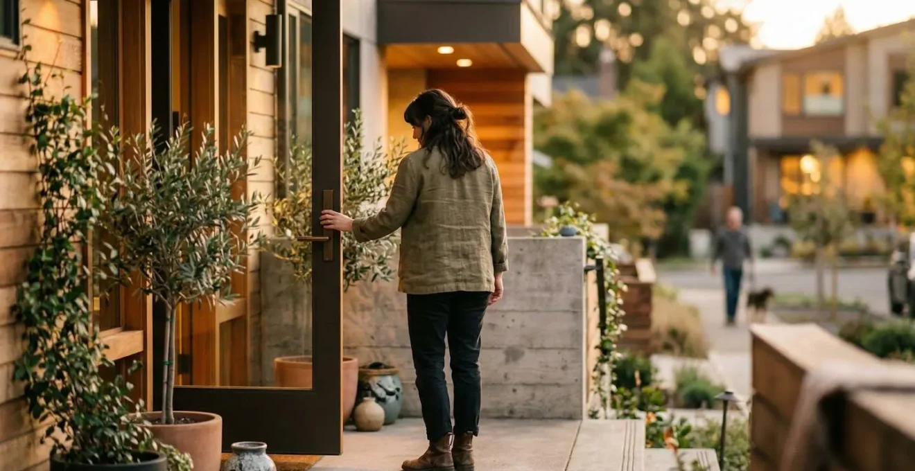 Silhouette d'une personne vue de dos, main posée sur la poignée d'une porte d'entrée d'immeuble moderne, dans une lumière de fin d'après-midi