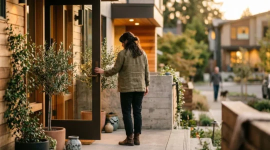 Silhouette d'une personne vue de dos, main posée sur la poignée d'une porte d'entrée d'immeuble moderne, dans une lumière de fin d'après-midi