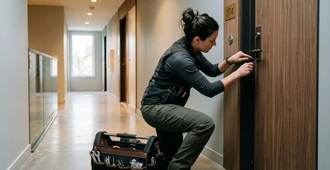 Serrurier professionnel de profil, penché vers une porte d'entrée avec sa mallette d'outils au sol, dans un couloir d'immeuble moderne et lumineux