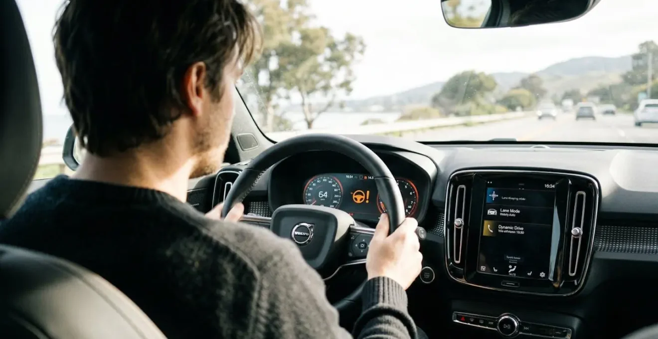 Vue par-dessus l'épaule d'un conducteur observant son tableau de bord où un voyant lumineux orange en forme de clé reste allumé