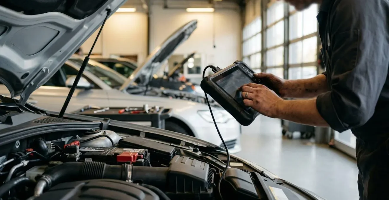 Un technicien vu de profil travaille sur un véhicule avec un équipement de diagnostic électronique, dans un environnement professionnel lumineux